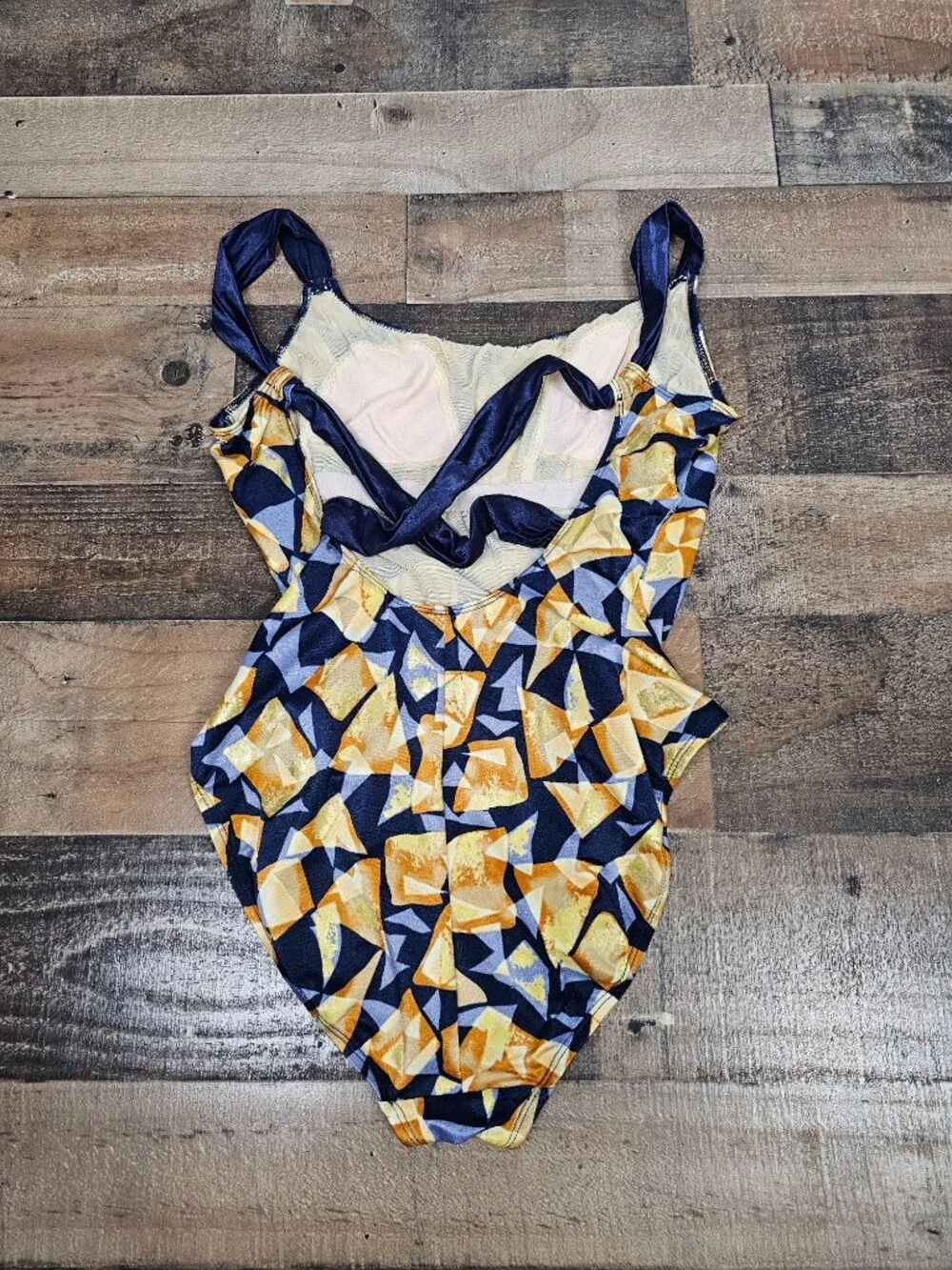 Sessa Vintage One Piece Swimsuit Size 12 Geometric Navy Gold Made in USA